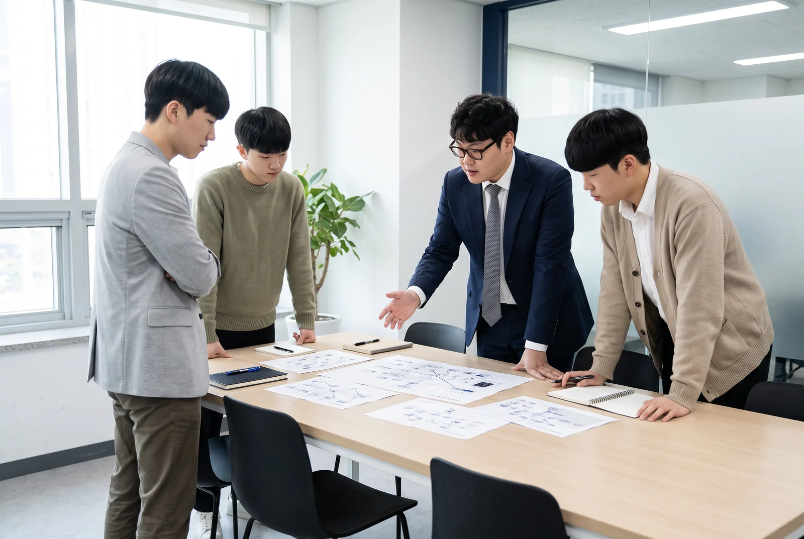 회의실 책상에 펼친 네트워크 도면을 네 명이 둘러서 함께 검토하는 모습